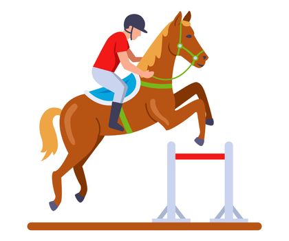 a jockey on a horse jumps over an obstacle over a barrier at a racetrack.