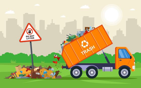 it is illegal to throw city waste into the field. dump truck unloads waste.