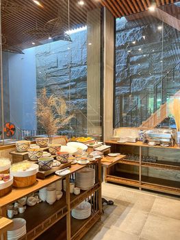 A variety of freshly made pastry in breakfast buffet at luxury hotel.