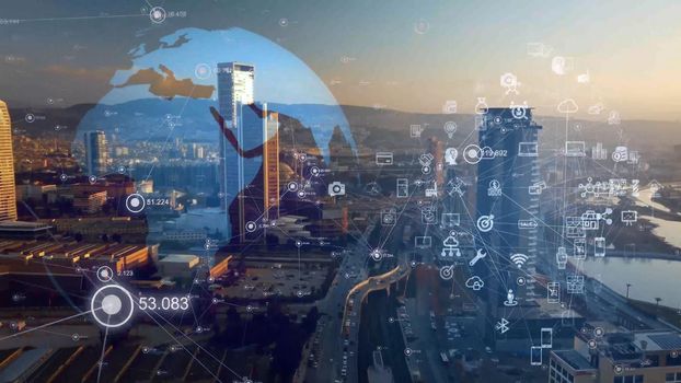 Global connection and the internet network modernization in smart city . Concept of future 5G wireless digital connecting and social media networking .