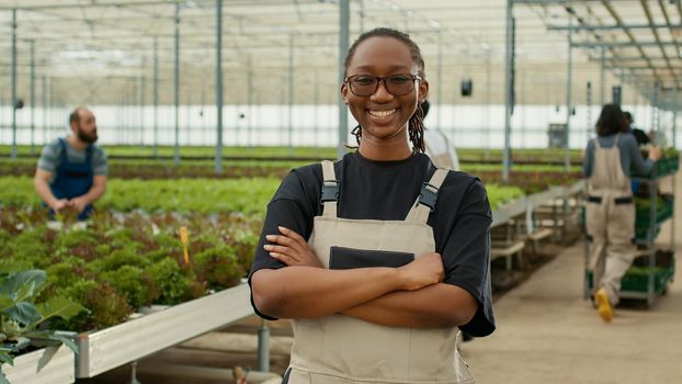 Portrait of smiling woman posing with arms crossed in modern greenhouse with workers taking care of lettuce crop