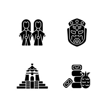 Asian ceremonial black glyph icons set on white space.