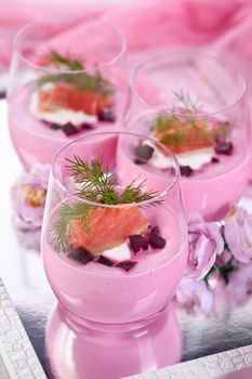Beetroot and horseradish mousse with salmon