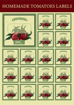 Sheet for printing labels for tomato. Tomato fruits. Bank sticker. Home cooking template