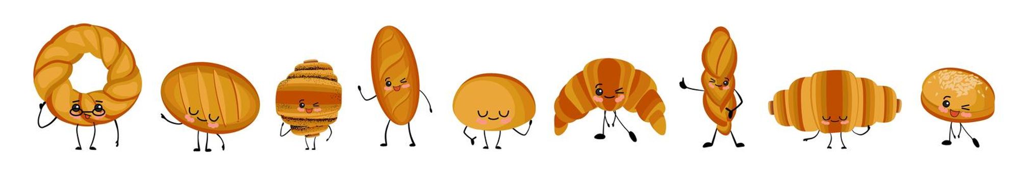 cute kawaii characters, bakery products. Baguette, loaf, bread with arms and legs vector.