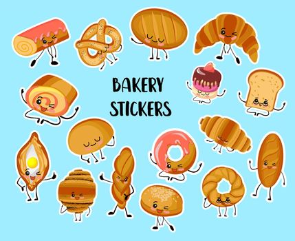 Set of funny bread, bakery characters with human faces stickers, smiling white, rye and whole grain bread, loaf, baguette, croissant, buns.