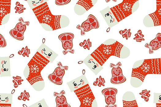 Christmas seamless pattern with kawaii cute christmas sock. cartoon character, texture for textile, scrapbook, wrapping paper, new year decoration vector.
