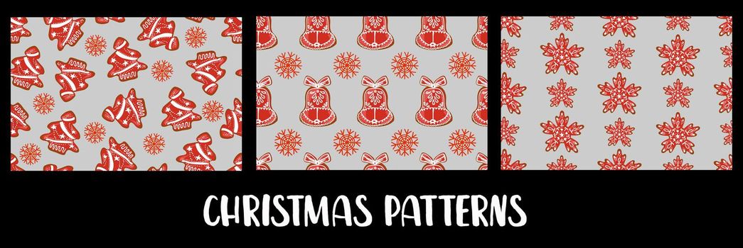 Christmas patterns. Seamless. Christmas gingerbread cookies. Gingerbread house, snowflake, bell, Christmas tree. Drawing for new year's eve. gift wrapping.