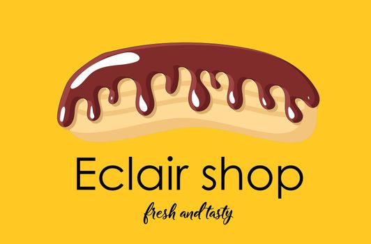 Logo or signboard design. Shop eclairs. Yellow background. Eclair with chocolate icing..