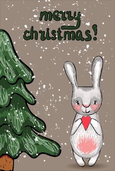 Christmas card. Christmas tree and bunny. Cute christmas illustration. Grey colour.