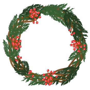Christmas wreath for the door. Isolated on a white background. Coniferous branches round..