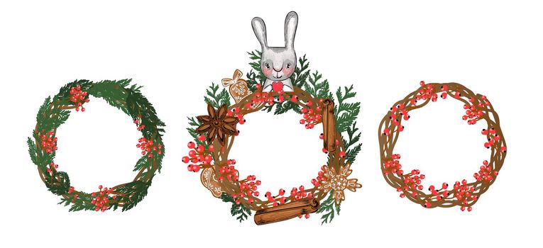 Set of christmas wreaths. Element for design cards and textiles. New Year. Fir branches and red berries..