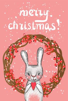Christmas card. Vector illustration. New Year's rabbit. Coniferous branches and decorations..