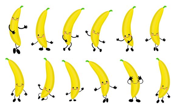 The banana is yellow. Character is cheerful with arms and legs. Set of fruits on a white background ...