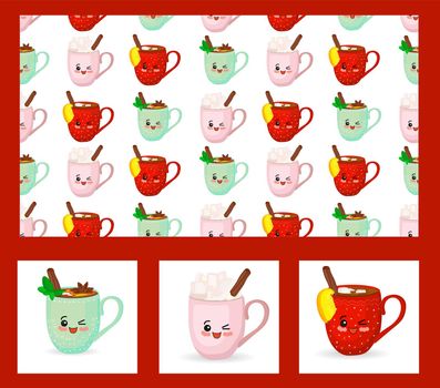 Christmas set. Greeting cards and pattern. Clipart cups. Cute cartoon characters.