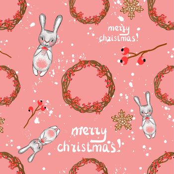 Seamless christmas pattern. Christmas rabbit. Fir branches and holiday decorations. Children's style. Snow background.