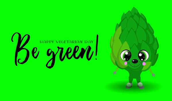 Artichoke. Cute characters with hands and faces on a green background. Greeting card for vegan day and vegetarian day.