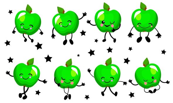 Green apple. Character is cheerful with arms and legs. Set of fruits on a white background ...