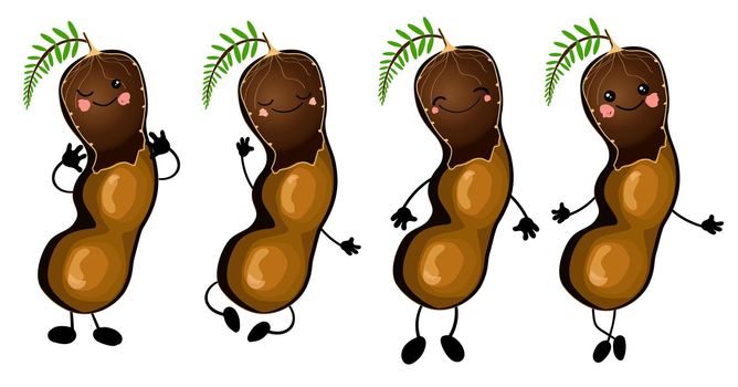 Tamarind. Character is cheerful with arms and legs. Set of fruits on a white background ...