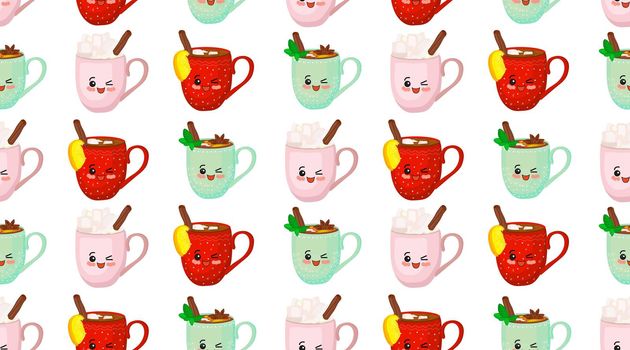 Merry Christmas Cute patterns with kawaii cups. Hot drink. New Year characters..