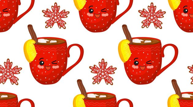 Winter cozy pattern. Hugge style. Red cups with a pattern. Snowflakes on a white background. Cinnamon and hot chocolate..
