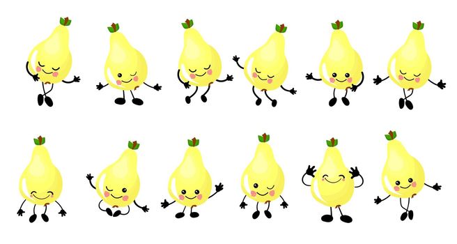 The pear is yellow. Character is cheerful with arms and legs. Set of fruits on a white background ...