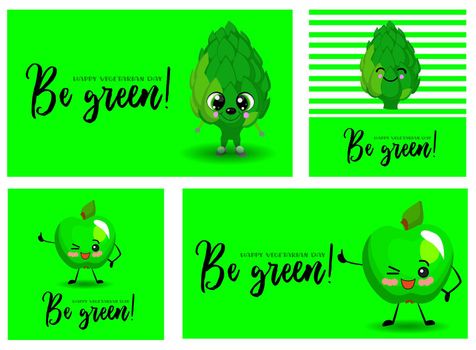 A large set of cards for the day of the vegg and vegetarianism. Vegetarian set. Green background. Cartoon Cute Vegetables Characters.