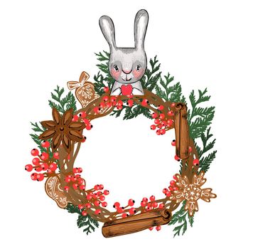 Christmas wreath. Vector illustration isolated on white background. New Year's hare. Coniferous branches and decorations..