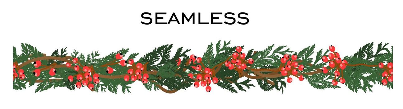Christmas seamless decor. Vector illustration. Isolated on a white background. Coniferous branches and decorations..