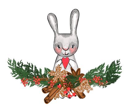 Christmas card. Vector illustration isolated on white background. New Year's hare. Coniferous branches and decorations..