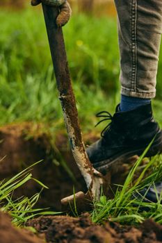 a woman digs the ground with a shovel for planting a plant in the country