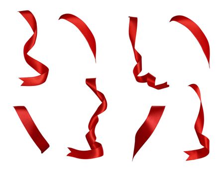 collection of various red ribbon pieces on white background. each one is shot separately