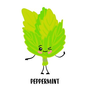 Peppermint. Spicy greens. Aromatic herbs. Cartoon cute food characters. Vegetables dance.