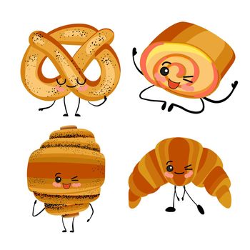 Set of sweet bakery characters. Croissant, bagel, bun and biscuit roll..