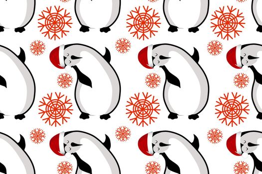 Christmas seamless pattern with kawaii cute penguin, cartoon character wearing a hat and scarf, textures for textiles, scrapbook, wrapping paper, new year decoration vectorr.