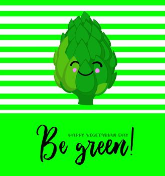 Artichoke. Cute characters with hands and faces on a green background. Greeting card for vegan day and vegetarian day..