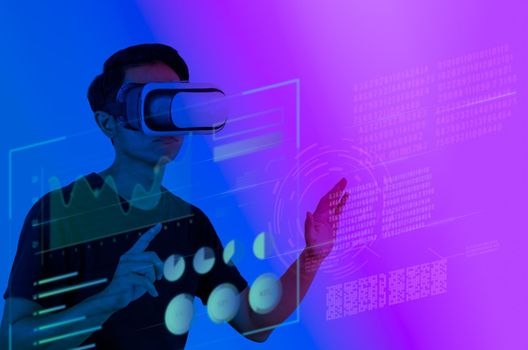 man wearing VR glasses touch virtual screen metaverse technology global internet connection virtual social network. 