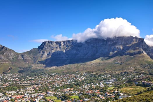 Cumulus clouds forming over Lions Head mountain against a blue sky with copyspace. Panoramic landscape of green mountains with vegetation surrounding an urban city in Cape Town, South Africa