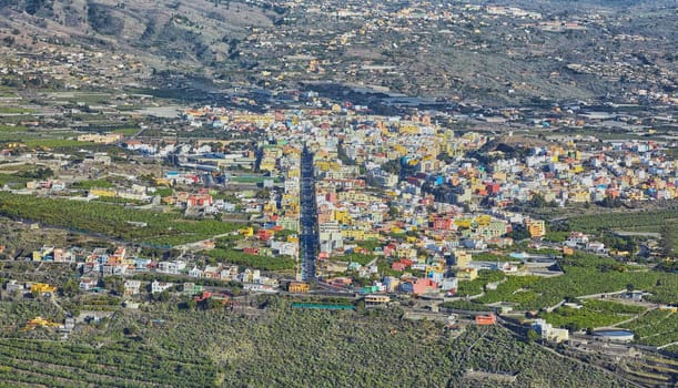 Landscape aerial view of Los Llanos, La Palma in Canary Islands during the day. Scenic view of a city in an idyllic tourist travel destination from above. Small and beautiful seaside village