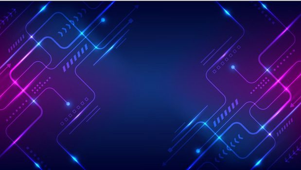 Abstract technology connection data concept circuit lines board with nodes and geometric elements lighting effect on blue background