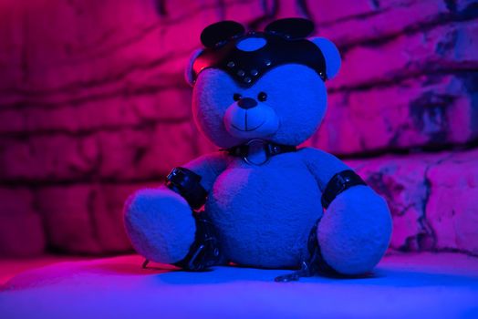 bdsm accessories on a teddy bear in neon light among the rocks background