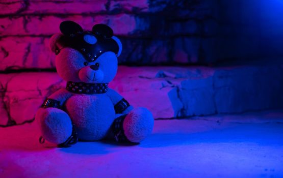 bdsm accessories on a teddy bear in neon light among the rocks background
