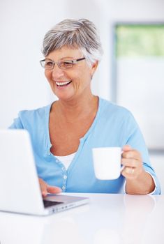 Mature woman with laptop drinking coffee. Happy mature woman using laptop while enjoying coffee at home.
