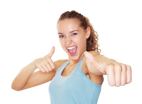 Young excited female gesturing a thumbs up on white. Excited Caucasian female gesturing you a success sign isolated against white.