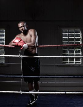 Masculine African American boxer. Full length of handsome African American male boxer standing near ring.