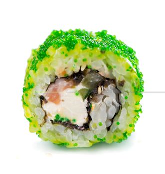 Sushi Rolls. sushi roll maki with flying fish caviar, shrimp, salmon and avocado. Japanese food