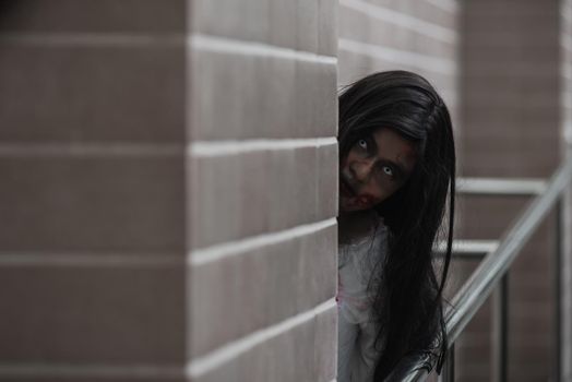 Horror evil woman ghost creepy in a dark room