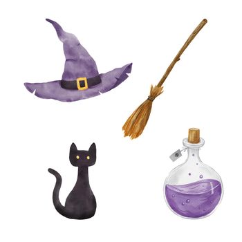 Watercolor magic flask with purple poison potion, witch hat and black cat. Illustration for Halloween isolated on white