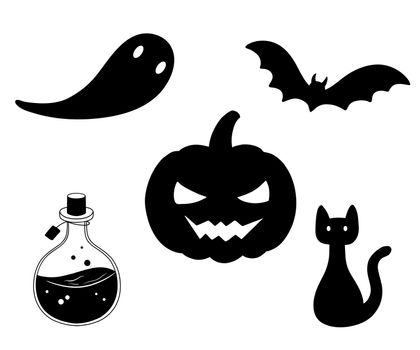 Vector magic flask with poison potion, pumpkin, bat, ghost and black cat. Set of Illustrations for Halloween isolated on white
