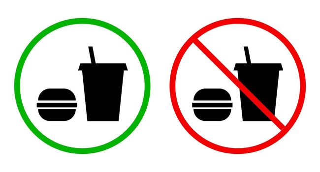 Permission to eat and drink and no food and drink icon set. No food and permission food. Editable vector.